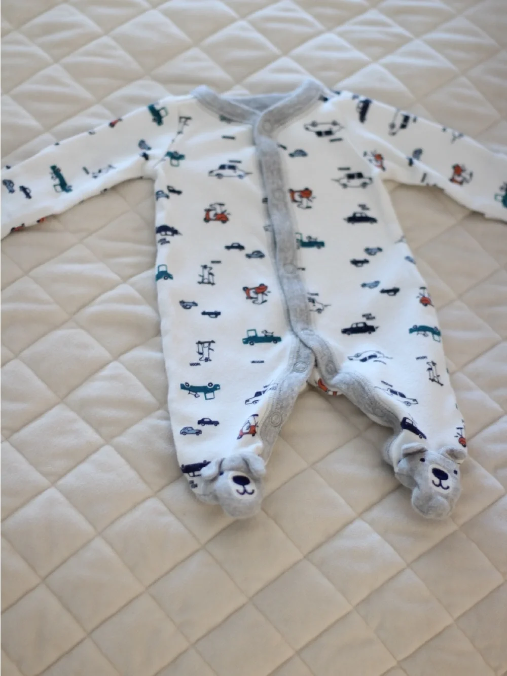 Carter's White Footed One-Piece with Vehicle and Bear Accents